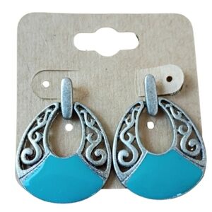 Turquoise Teardrop Dangle Earrings Silver Filigree Boho Western Statement Tribal